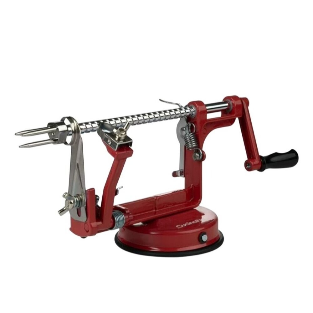 CucinaPro Apple Peeler Suction Base Chrome Cast Iron Peels Slices & Cores Red